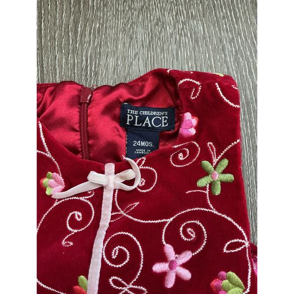 Vintage Children's Place Sleeveless Red Velour Floral Embroidered Dress - Picture 6 of 11
